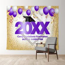Charger l'image dans la galerie, Lofaris Gold Glitter And Purple Ballons Congratulatios Backdrop