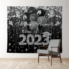 Load image into Gallery viewer, Lofaris Black And Silver Glitter Ballons Class Of 2022 Backdrop
