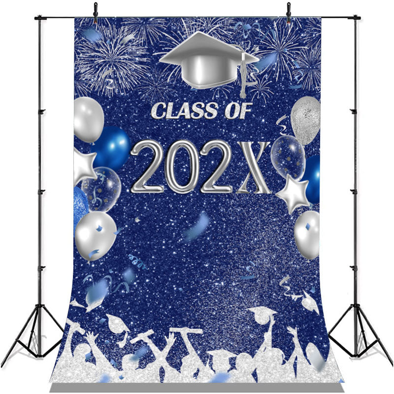 Lofaris Blue And Silver Glitter Ballons Class Of 2022 Backdrop