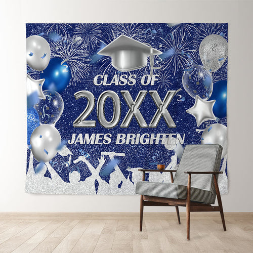 Lofaris Blue And Silver Glitter Ballons Class Of 2022 Backdrop