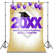 Charger l&#39;image dans la galerie, Lofaris Gold Glitter And Purple Ballons Congratulatios Backdrop
