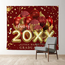 Charger l&#39;image dans la galerie, Lofaris Red Golden Ribbon Glitter Balloon Graduation Backdrop
