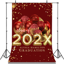 Charger l&#39;image dans la galerie, Lofaris Red Golden Ribbon Glitter Balloon Graduation Backdrop
