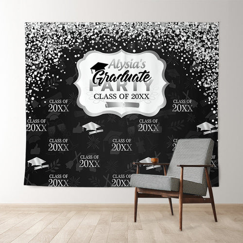 Lofaris Silver Glitter Class Of 2022 Black Happy Grad Backdrop